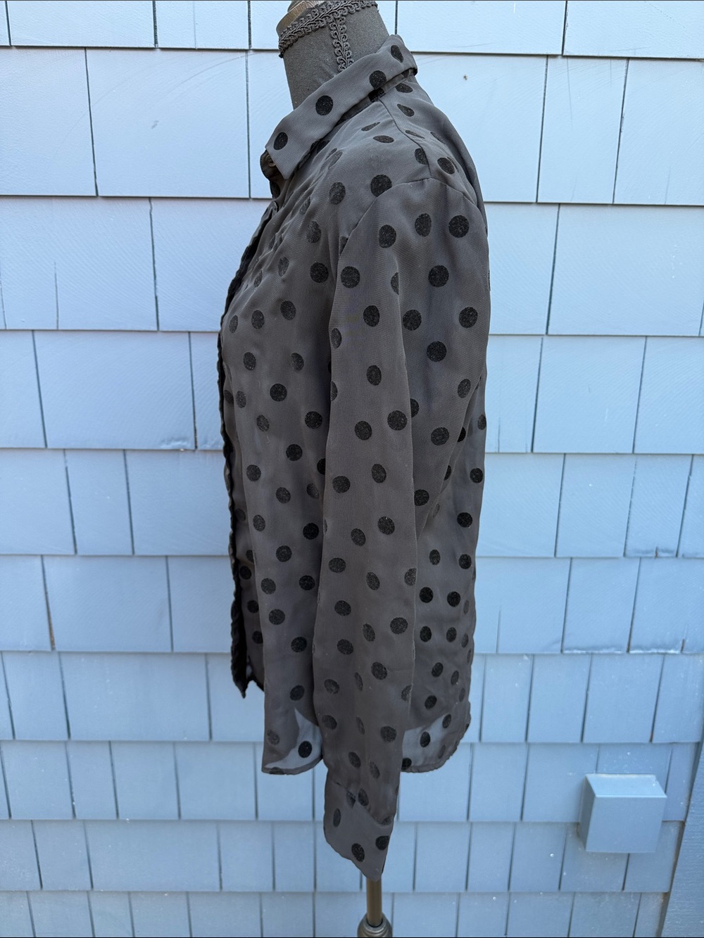 Polka Dot Button-Down Shirt Blouse in Taupe with Black Dots medium velvet - Picture 8 of 10